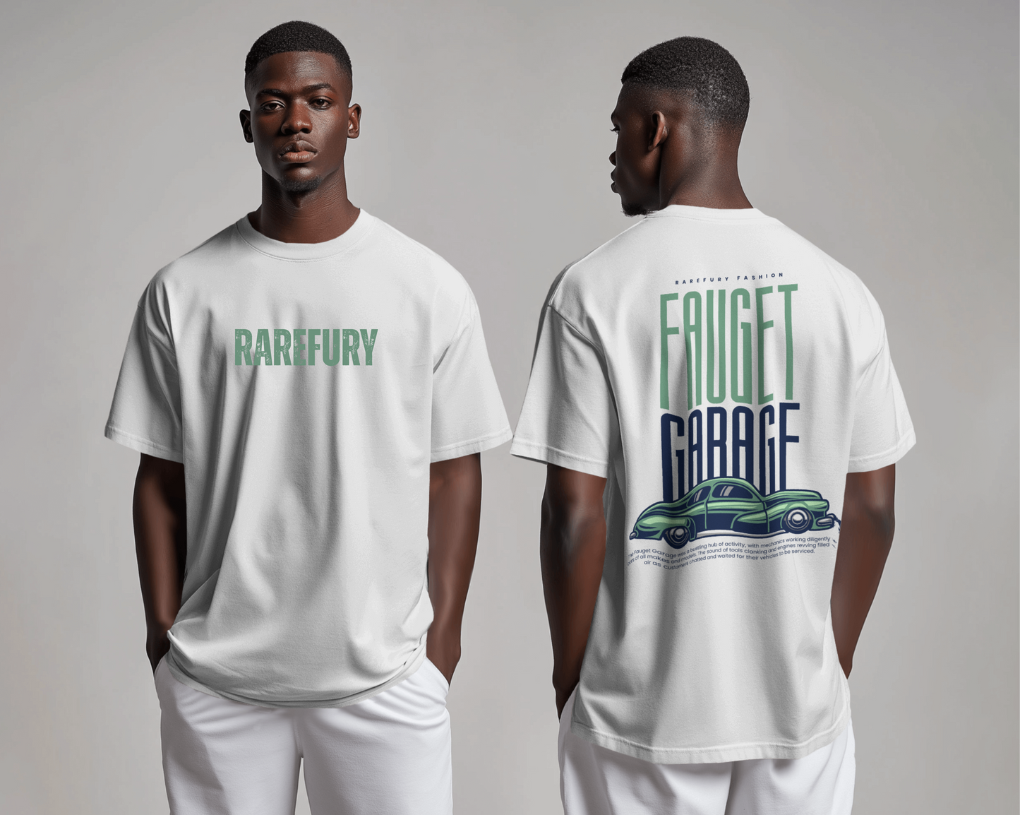 Person wearing a white t-shirt with 'RAREFURY' on the front and 'FAUGHT GARAGE' with a car graphic on the back.